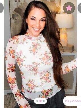 Jade by Jane Women's Cream Floral Mesh Top - Pink Rose Print- lined shirt.